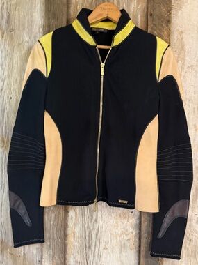 VTG Y2K Roberto Cavalli SS2003 Leather/Knit Colorblock Moto Streetwear Jacket MD